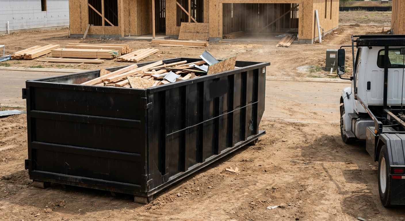 Matte-black 20-yard roll-off construction dumpster with heavy ribbed steel sidewalls and swing rear doors at a working jobsite in Phoenix, sitting directly on compacted dirt with an unmarked white hauler partially visible at the far edge of the frame.