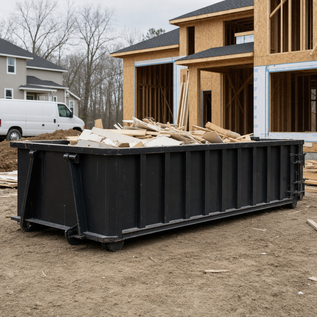 Worker in a yellow high-visibility vest tossing framing lumber and broken drywall into a matte-black 30-yard construction roll-off dumpster on an active build site in Phoenix, bright daylight