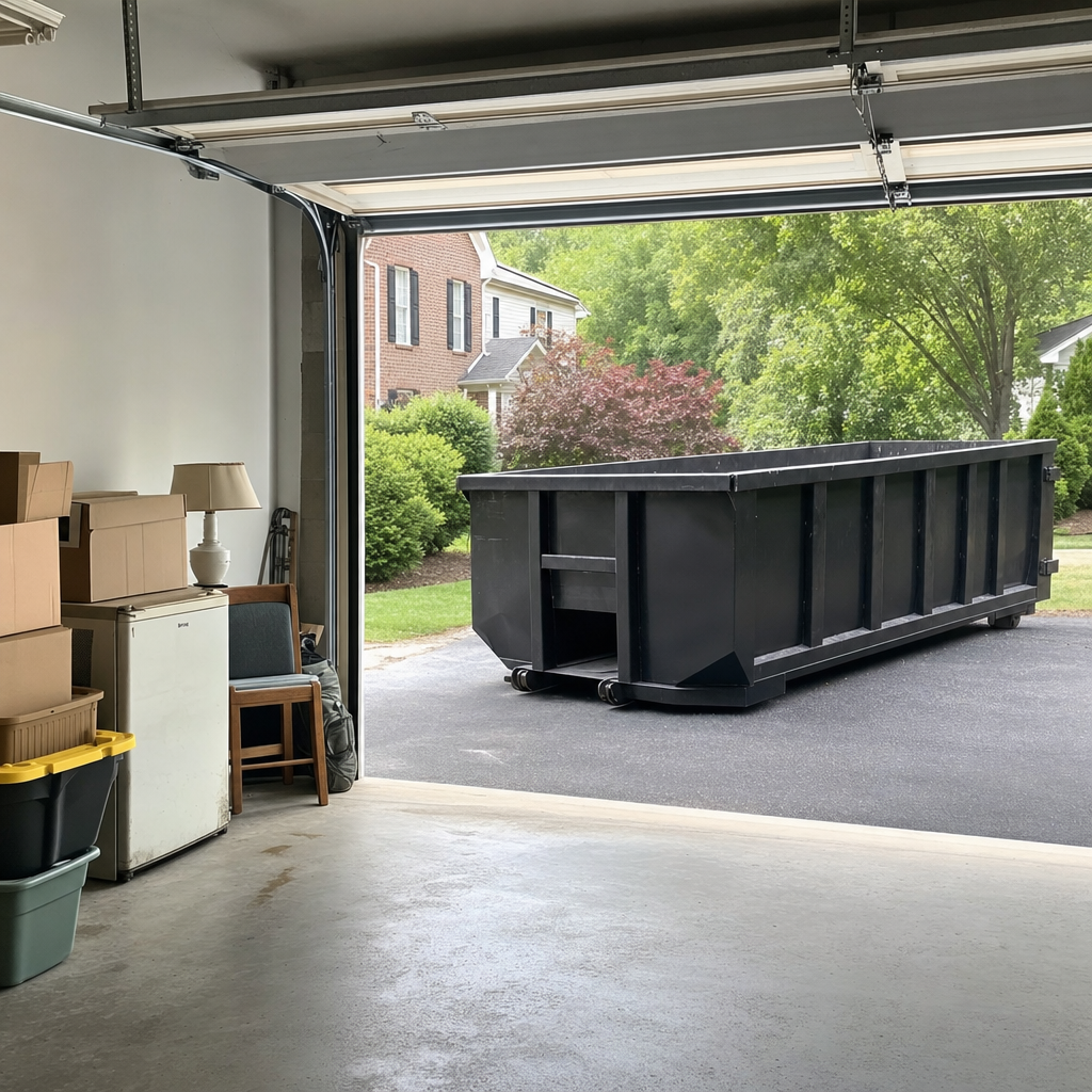 Open garage interior in a Phoenix home mid-cleanout — boxed items, an old appliance, and stacked yard tools queued near the driveway for a matte-black roll-off dumpster, organized and calm