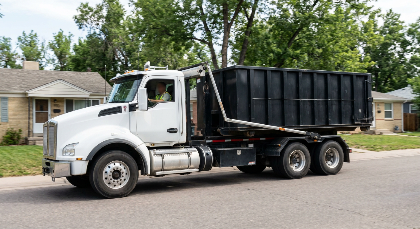 A wide documentary shot of a matte-black roll-off delivery truck pulling onto a quiet Phoenix residential street at mid-morning, with neighborhood rooftops and tree-lined blocks visible behind, showing the metro coverage footprint.