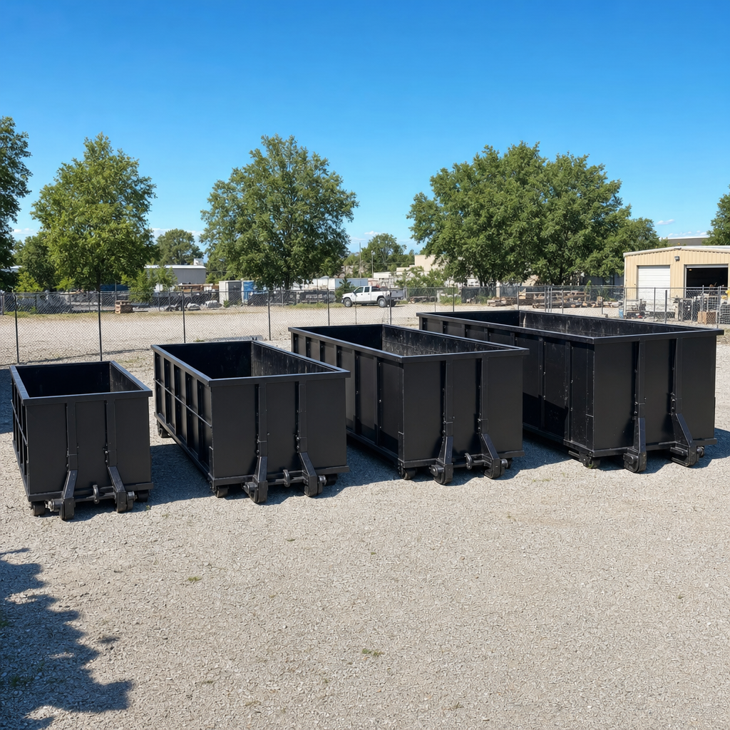 A clean lineup of matte-black roll-off dumpsters in 10, 20, 30, and 40-yard sizes staged on a sunlit gravel yard in Phoenix, showing the size progression from compact to commercial-scale containers.
