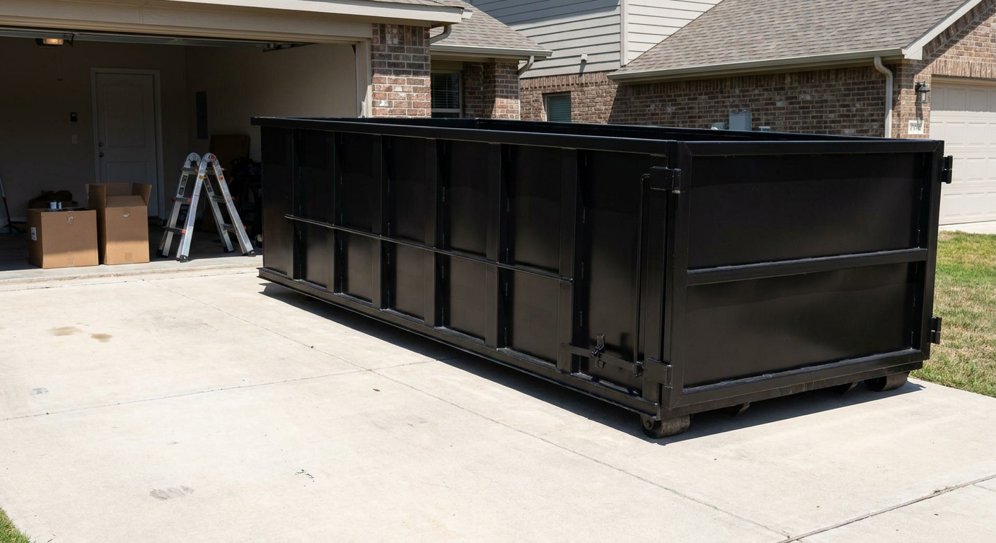 A matte-black 10-yard roll-off dumpster sitting directly on a residential Phoenix concrete driveway, mid-day sunlight, clean and ready for a garage cleanout.